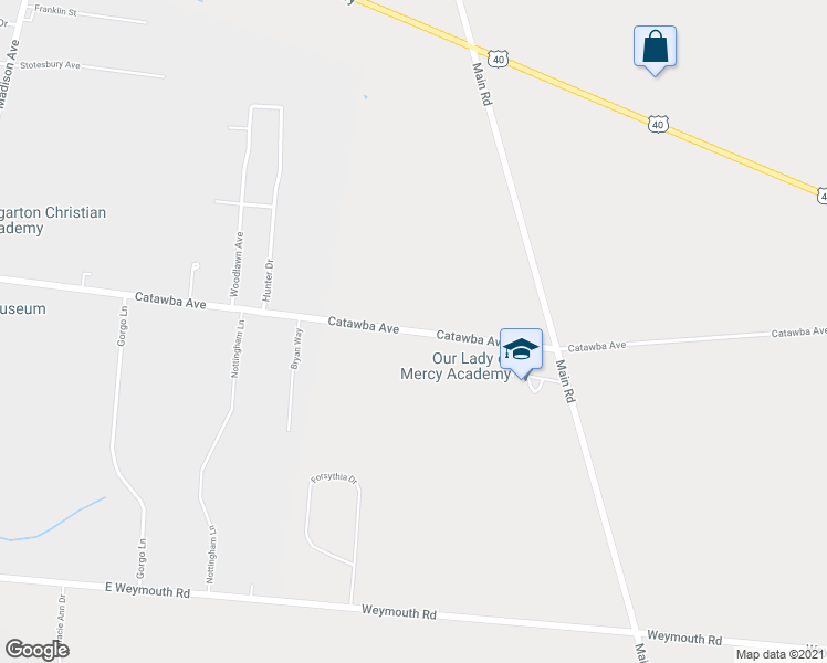 map of restaurants, bars, coffee shops, grocery stores, and more near Catawba Avenue in Newfield