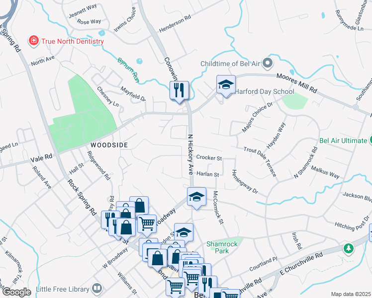 map of restaurants, bars, coffee shops, grocery stores, and more near 600 North Hickory Avenue in Bel Air