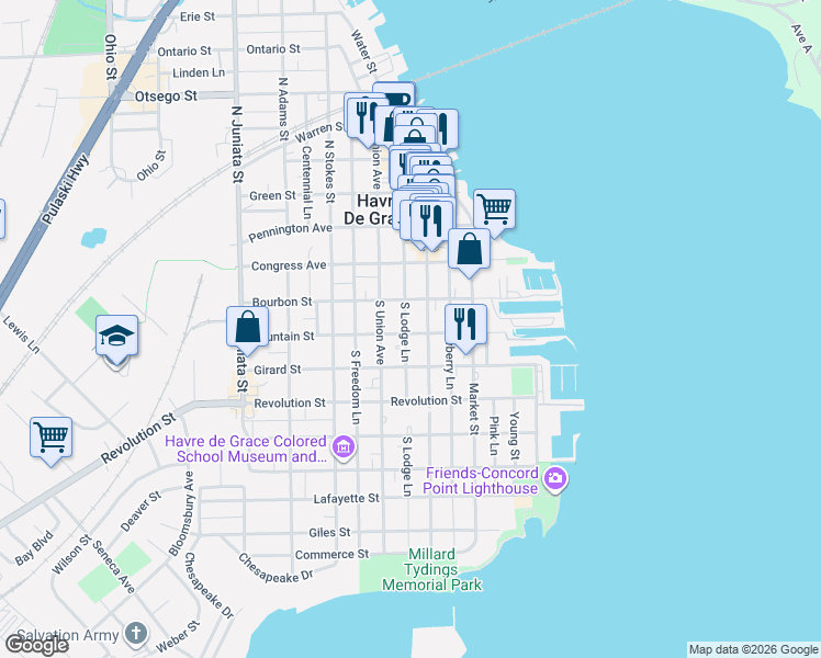map of restaurants, bars, coffee shops, grocery stores, and more near 417 Fountain Street in Havre de Grace