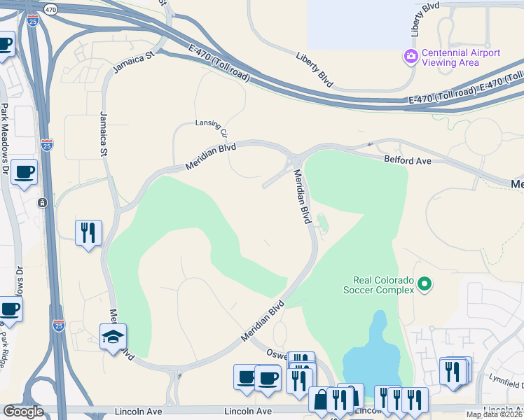 map of restaurants, bars, coffee shops, grocery stores, and more near 9601 South Meridian Boulevard in Englewood