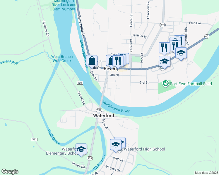 map of restaurants, bars, coffee shops, grocery stores, and more near 204 Ferry Street in Beverly