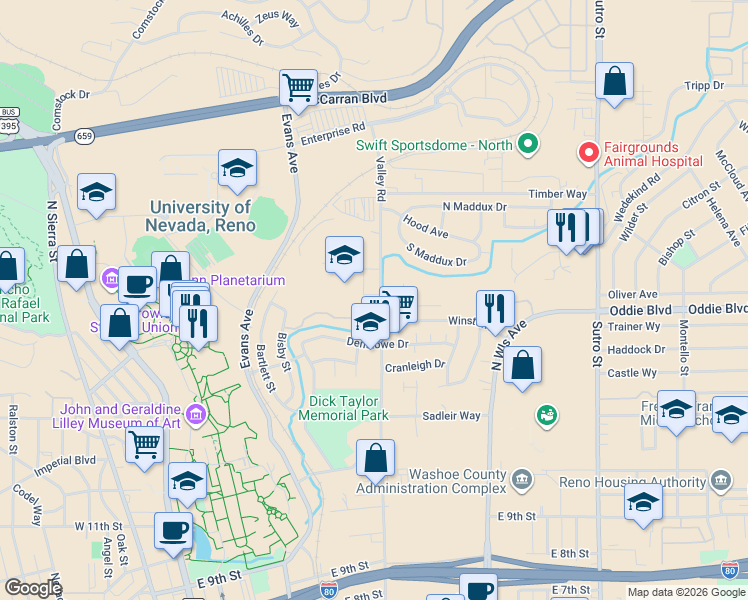 map of restaurants, bars, coffee shops, grocery stores, and more near 1933 Valley Road in Reno