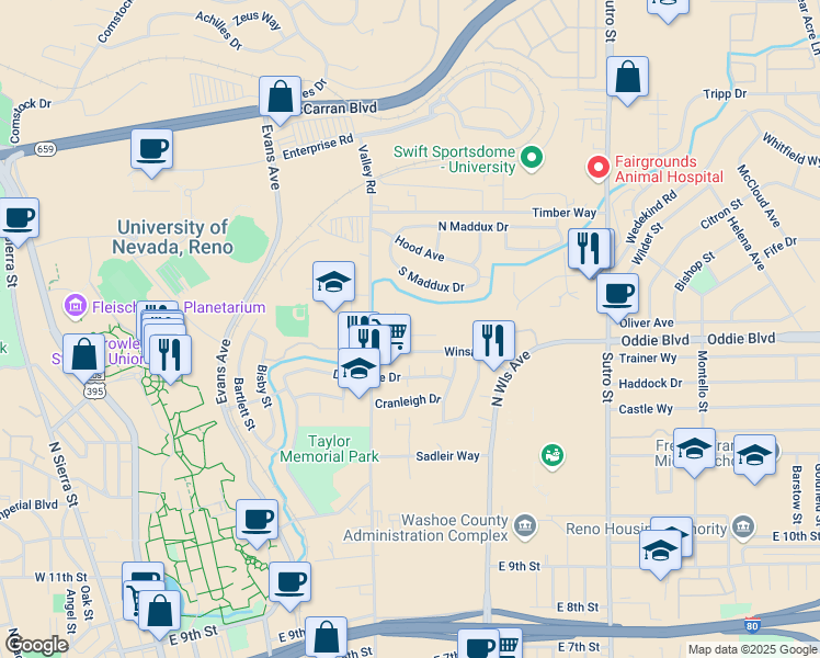 map of restaurants, bars, coffee shops, grocery stores, and more near 1900 Valley Road in Reno