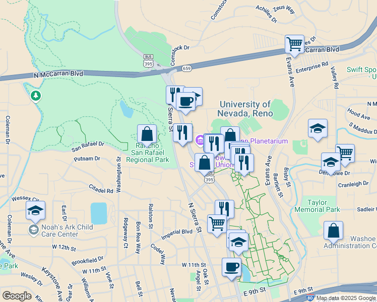 map of restaurants, bars, coffee shops, grocery stores, and more near 1664 North Virginia Street in Reno