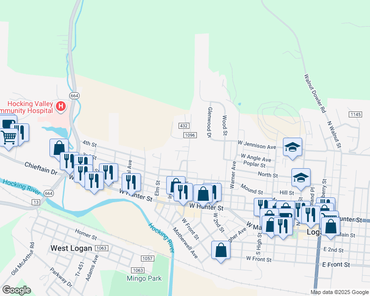 map of restaurants, bars, coffee shops, grocery stores, and more near 525 West Street in Logan