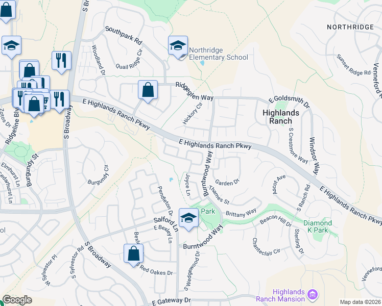 map of restaurants, bars, coffee shops, grocery stores, and more near 647 Walden Court in Littleton