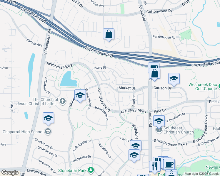 map of restaurants, bars, coffee shops, grocery stores, and more near 9365 Las Ramblas Court in Parker