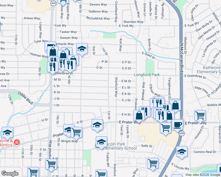 map of restaurants, bars, coffee shops, grocery stores, and more near 42 L Street in Sparks