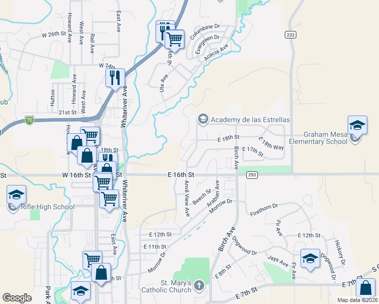 map of restaurants, bars, coffee shops, grocery stores, and more near 1795 Anvil View Avenue in Rifle