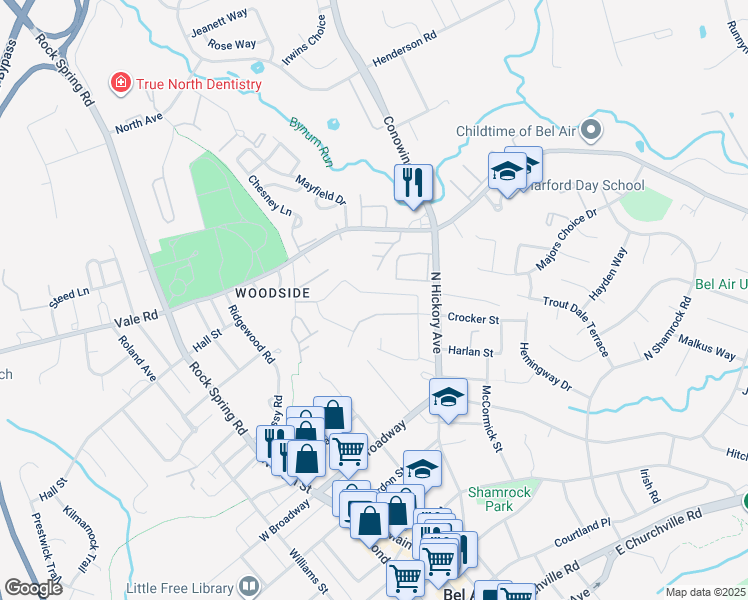 map of restaurants, bars, coffee shops, grocery stores, and more near 226 Crocker Drive in Bel Air