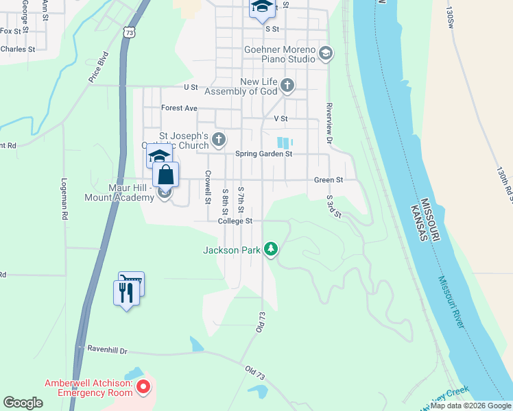 map of restaurants, bars, coffee shops, grocery stores, and more near 1301-1399 S 6th St in Atchison