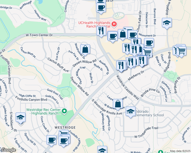 map of restaurants, bars, coffee shops, grocery stores, and more near 9381 Wolfe Place in Littleton