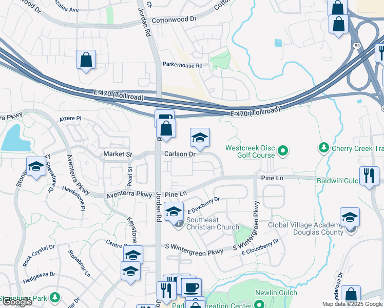 map of restaurants, bars, coffee shops, grocery stores, and more near 16950 East Carlson Drive in Parker