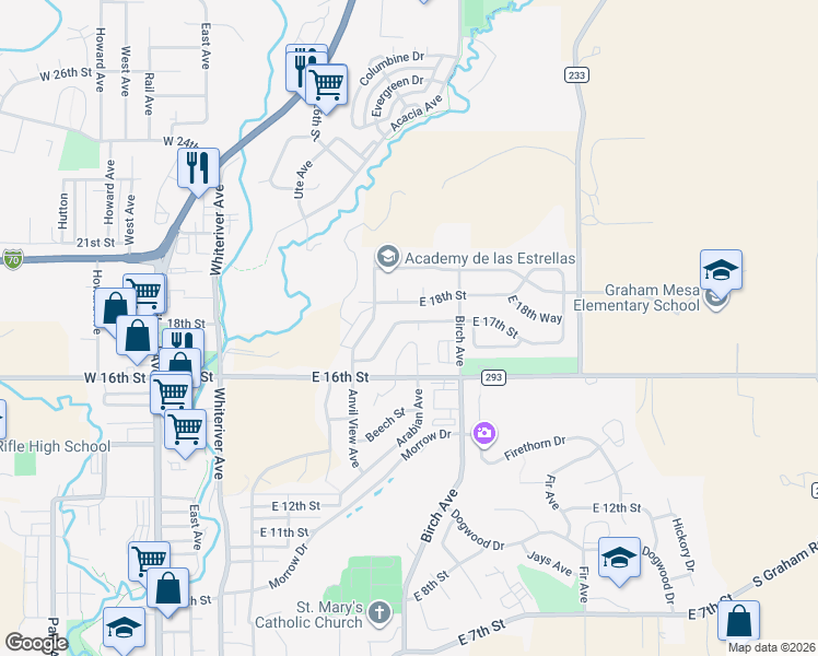 map of restaurants, bars, coffee shops, grocery stores, and more near 794-798 East 17th Street in Rifle