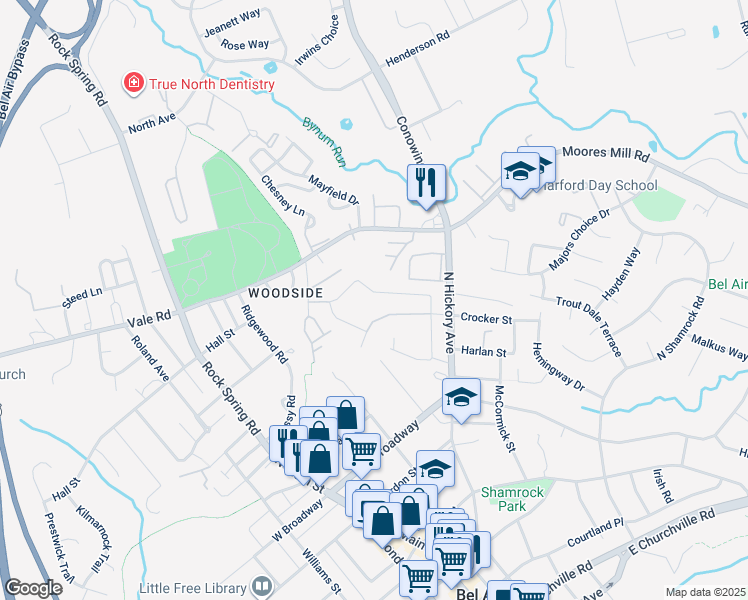map of restaurants, bars, coffee shops, grocery stores, and more near 222 Crocker Drive in Bel Air