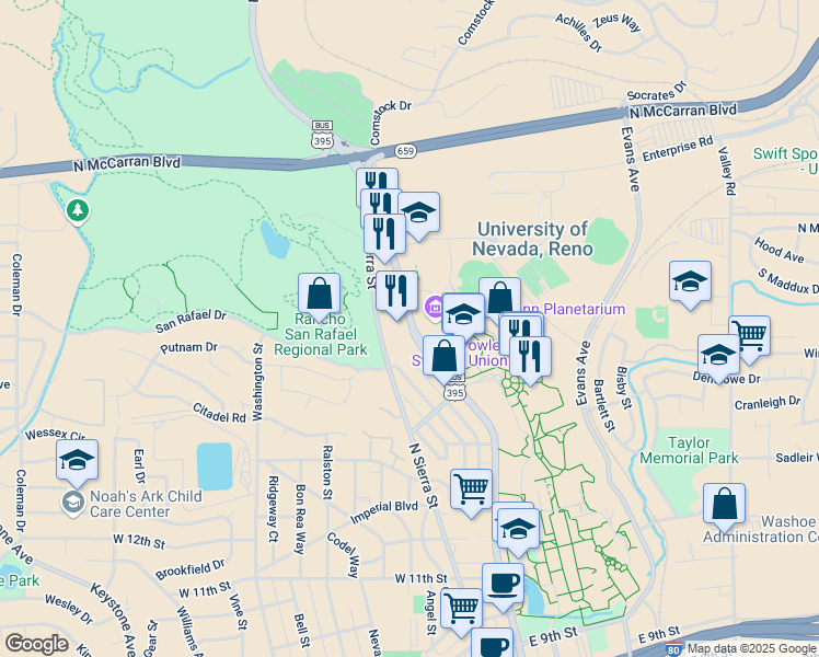 map of restaurants, bars, coffee shops, grocery stores, and more near 1664 North Virginia Street in Reno