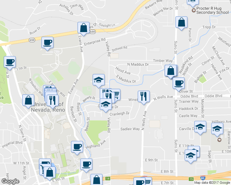 map of restaurants, bars, coffee shops, grocery stores, and more near 1900 Valley Road in Reno