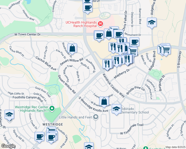 map of restaurants, bars, coffee shops, grocery stores, and more near 9368 Roadrunner Street in Littleton