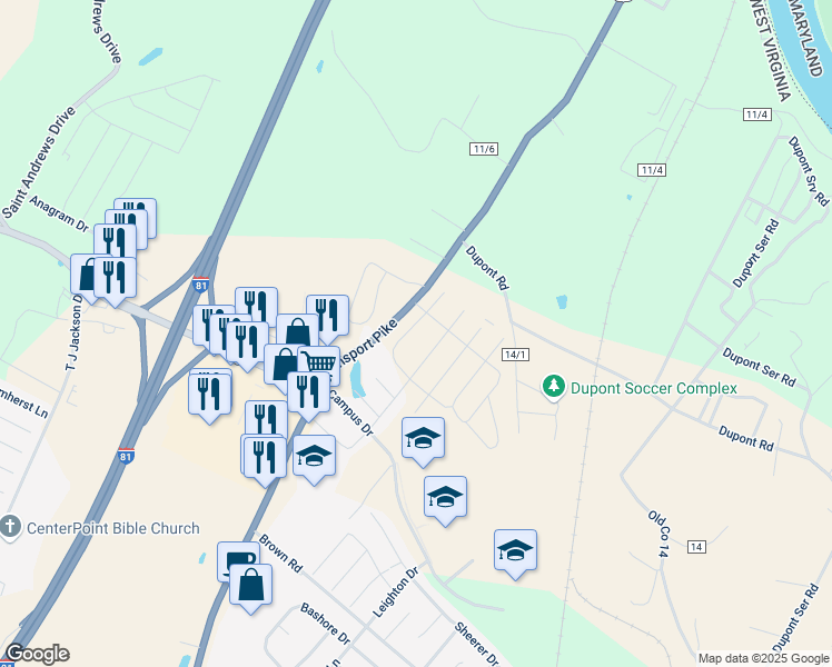 map of restaurants, bars, coffee shops, grocery stores, and more near 180 Drexel Court in Martinsburg