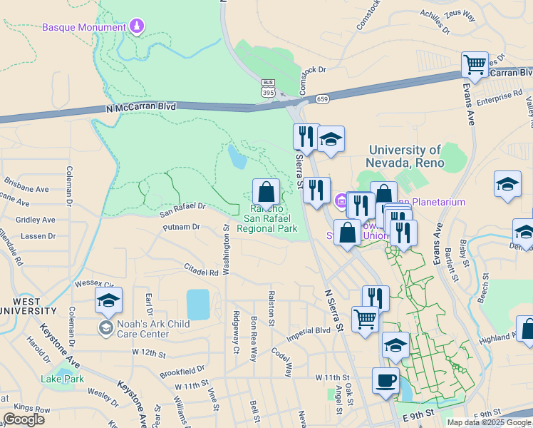 map of restaurants, bars, coffee shops, grocery stores, and more near 1595 North Sierra Street in Reno