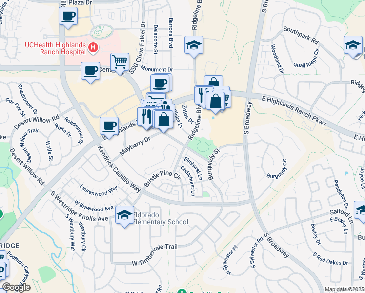 map of restaurants, bars, coffee shops, grocery stores, and more near 9350 Dorchester Street in Highlands Ranch