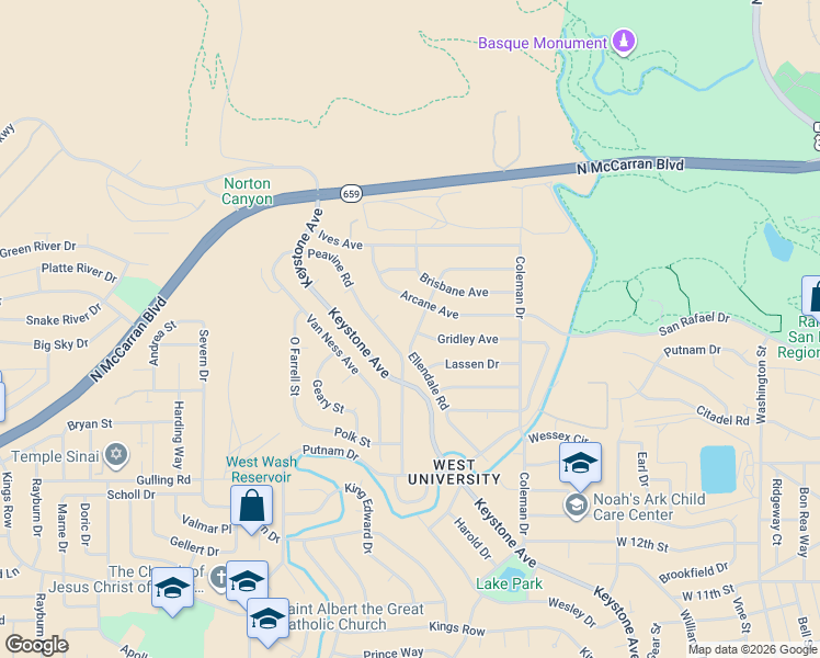 map of restaurants, bars, coffee shops, grocery stores, and more near 2350 Ellendale Road in Reno