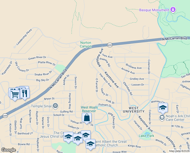 map of restaurants, bars, coffee shops, grocery stores, and more near 1835 O Farrell Street in Reno