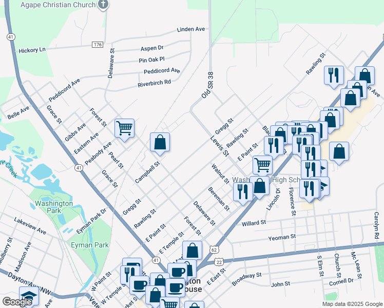 map of restaurants, bars, coffee shops, grocery stores, and more near 903 Gregg Street in Washington Court House
