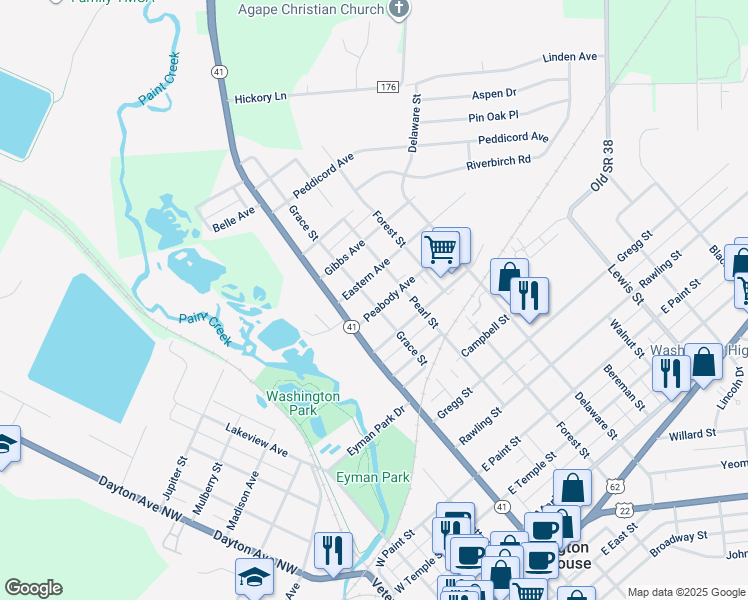 map of restaurants, bars, coffee shops, grocery stores, and more near 1008 Grace Street in Washington Court House