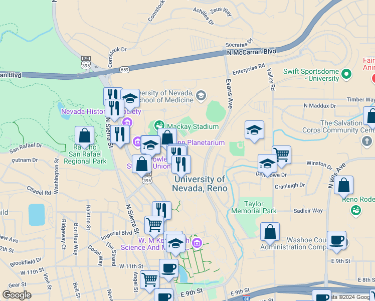 map of restaurants, bars, coffee shops, grocery stores, and more near 095 East Stadium Way in Reno