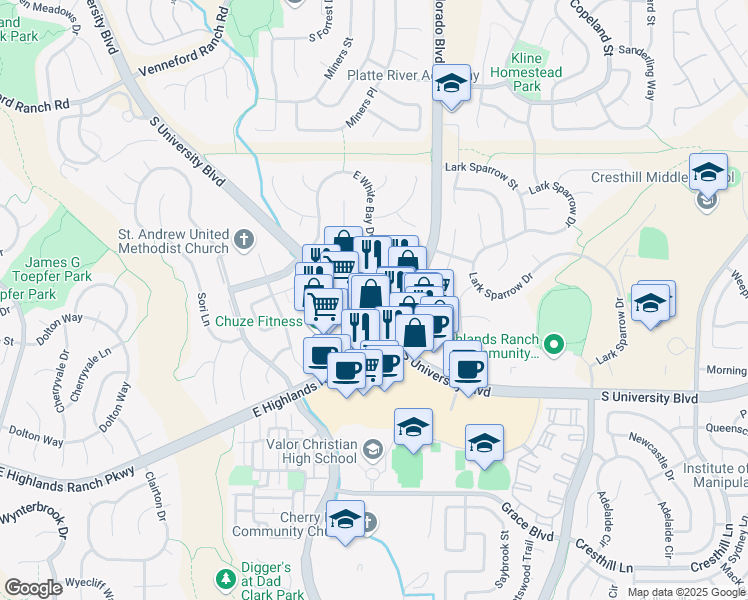 map of restaurants, bars, coffee shops, grocery stores, and more near 9390 South University Boulevard in Highlands Ranch