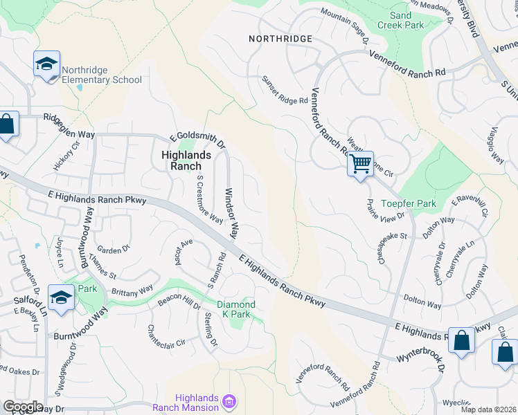 map of restaurants, bars, coffee shops, grocery stores, and more near 9338 Shadowglen Court in Littleton