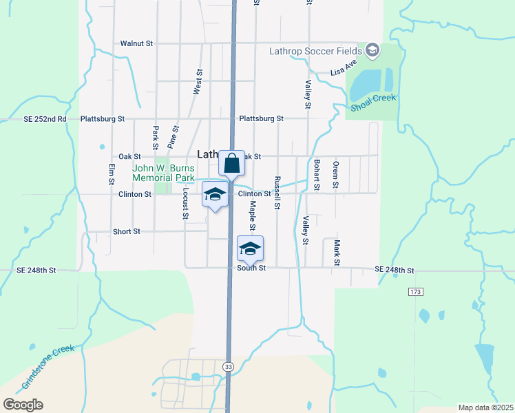 map of restaurants, bars, coffee shops, grocery stores, and more near 603 Maple Street in Lathrop