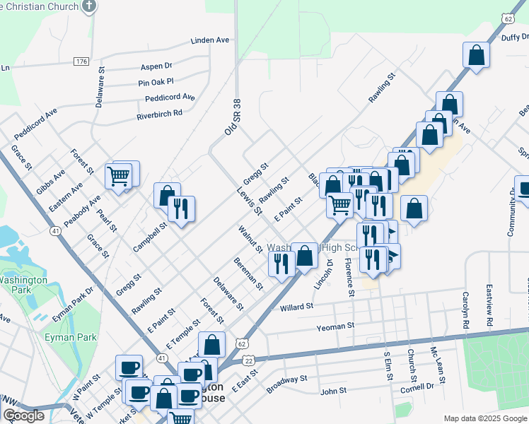 map of restaurants, bars, coffee shops, grocery stores, and more near 422 Lewis Street in Washington Court House