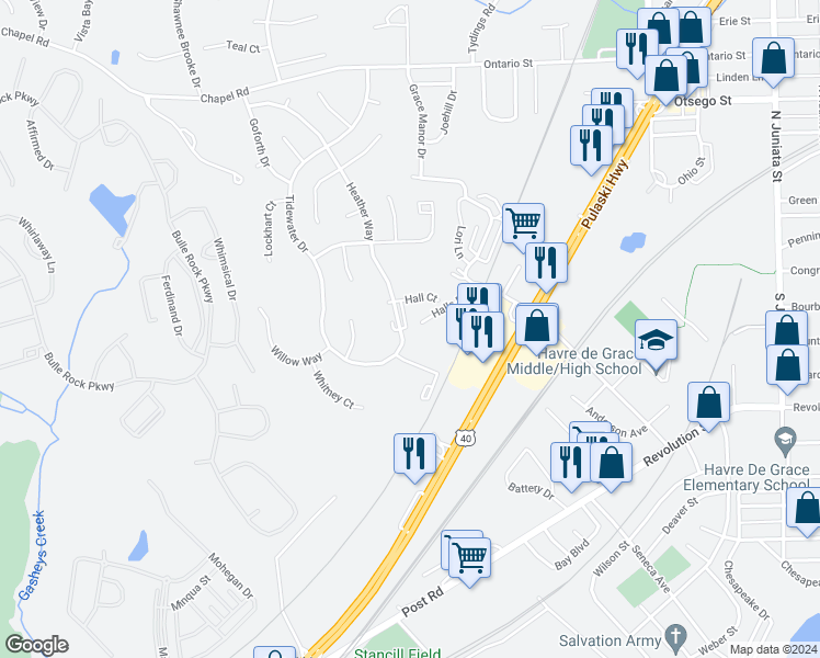 map of restaurants, bars, coffee shops, grocery stores, and more near 593 Hall Court in Havre de Grace