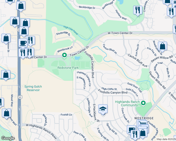 map of restaurants, bars, coffee shops, grocery stores, and more near 2831 High Cliffe Place in Littleton