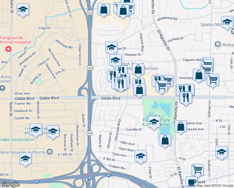 map of restaurants, bars, coffee shops, grocery stores, and more near 1925 Silverada Boulevard in Reno