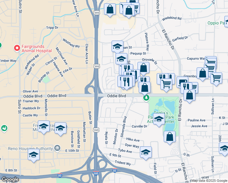 map of restaurants, bars, coffee shops, grocery stores, and more near 2301 Oddie Boulevard in Reno
