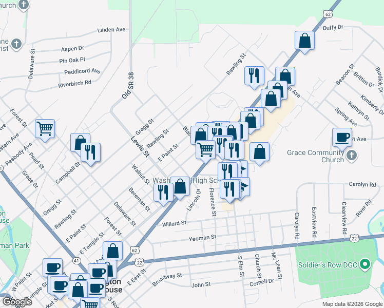 map of restaurants, bars, coffee shops, grocery stores, and more near 1136 East Temple Street in Washington Court House