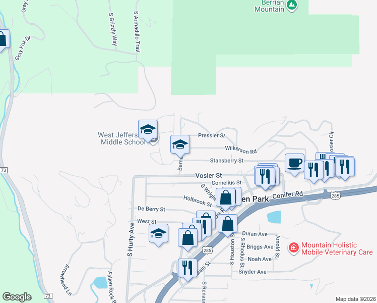 map of restaurants, bars, coffee shops, grocery stores, and more near 26336 Wilkerson Road in Conifer