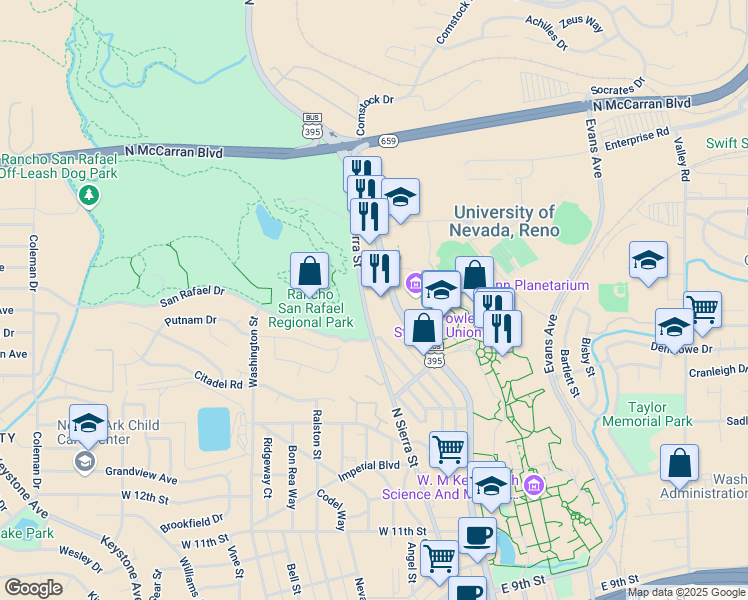 map of restaurants, bars, coffee shops, grocery stores, and more near 1651 North Virginia Street in Reno
