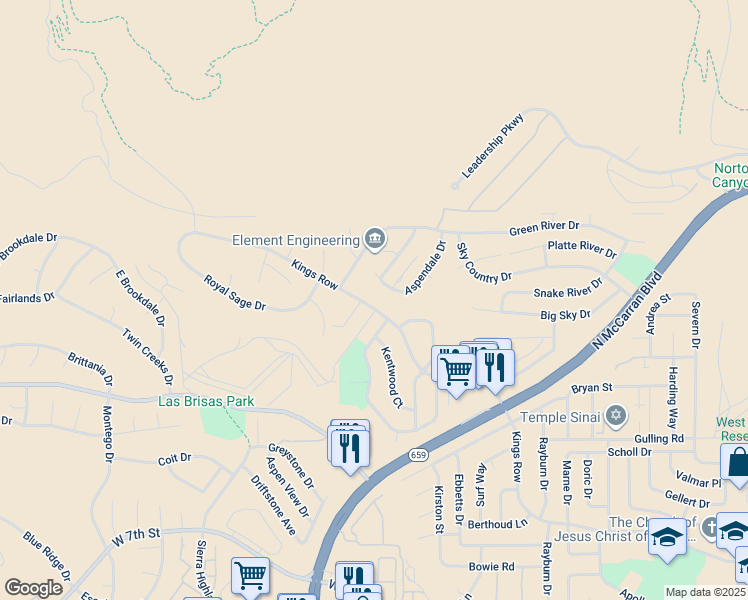 map of restaurants, bars, coffee shops, grocery stores, and more near 3945 Kings Row in Reno