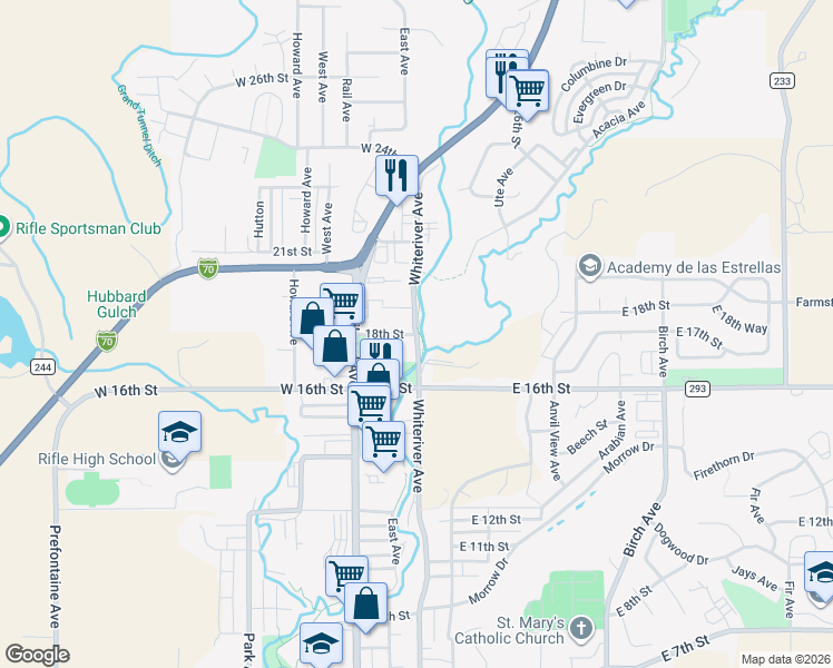 map of restaurants, bars, coffee shops, grocery stores, and more near 1800 Whiteriver Avenue in Rifle