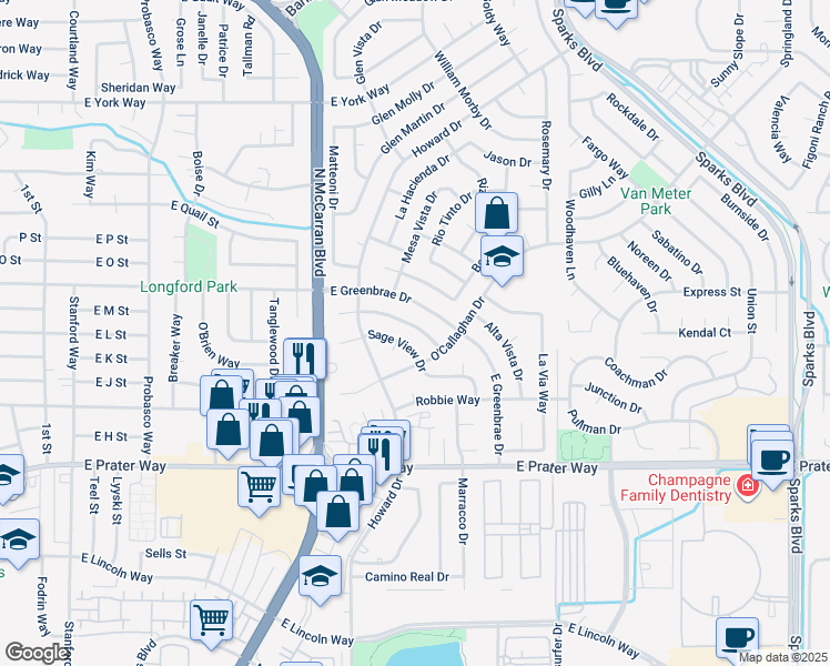 map of restaurants, bars, coffee shops, grocery stores, and more near 961 Desert View Drive in Sparks