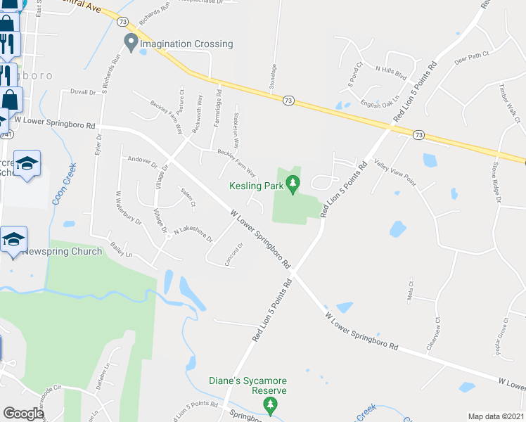 map of restaurants, bars, coffee shops, grocery stores, and more near 99 Corral Court in Springboro