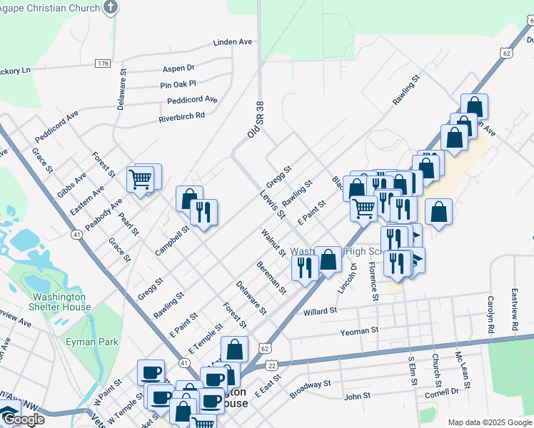 map of restaurants, bars, coffee shops, grocery stores, and more near 920 Rawling Street in Washington Court House