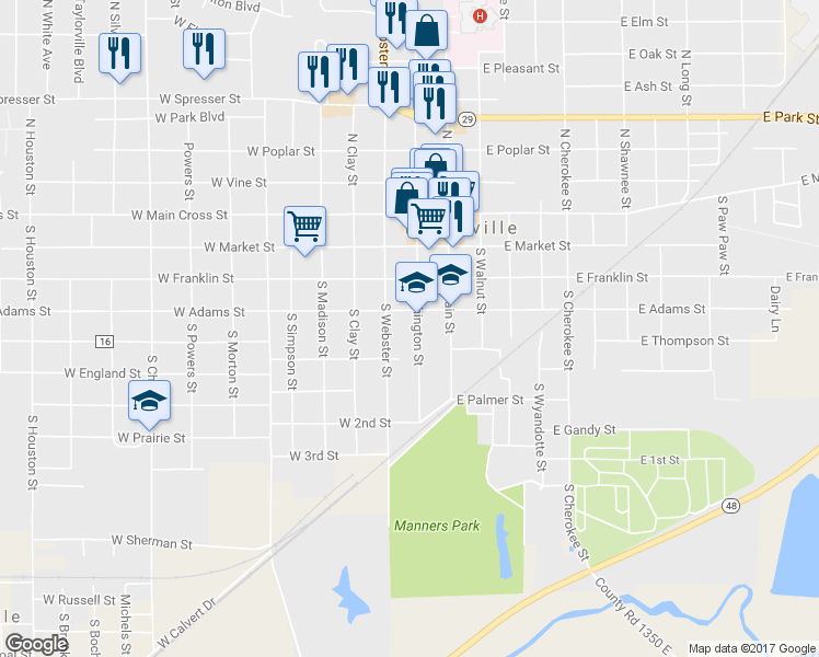 map of restaurants, bars, coffee shops, grocery stores, and more near 411 South Washington Street in Taylorville