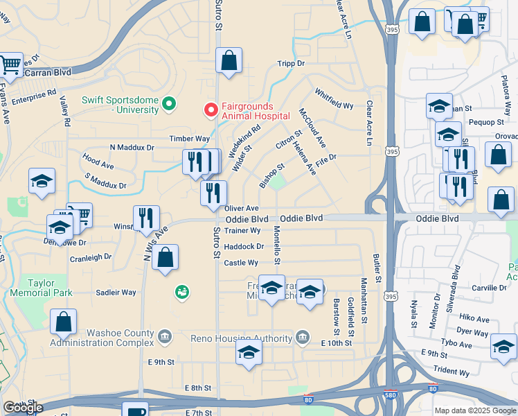 map of restaurants, bars, coffee shops, grocery stores, and more near 1019 Bishop Street in Reno