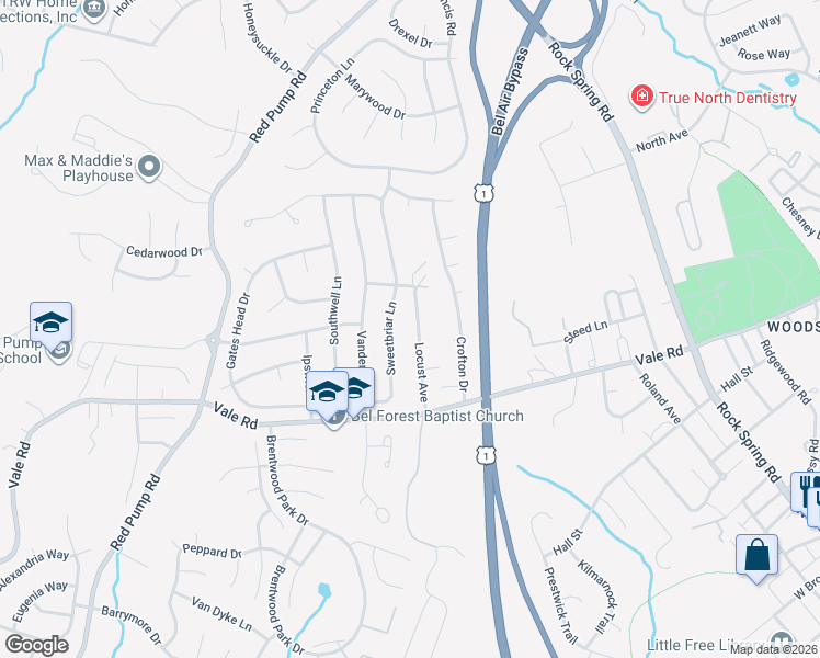 map of restaurants, bars, coffee shops, grocery stores, and more near 1322 Locust Avenue in Bel Air