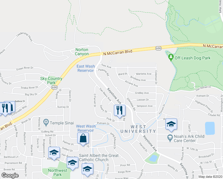 map of restaurants, bars, coffee shops, grocery stores, and more near 2560 Keystone Avenue in Reno